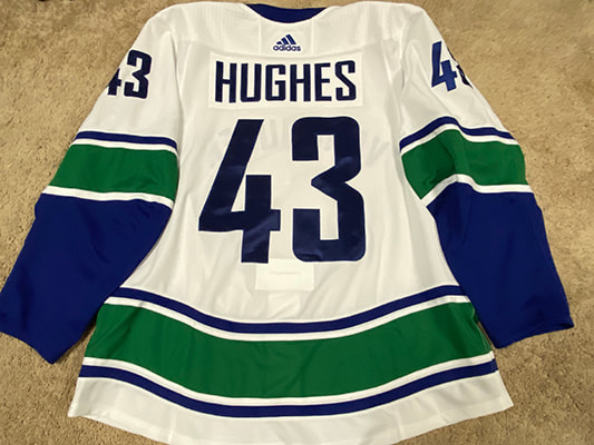 Quinn Hughes 18'19 ROOKIE White 1st NHL Away Jersey Vancouver Canucks  Game Worn Jersey